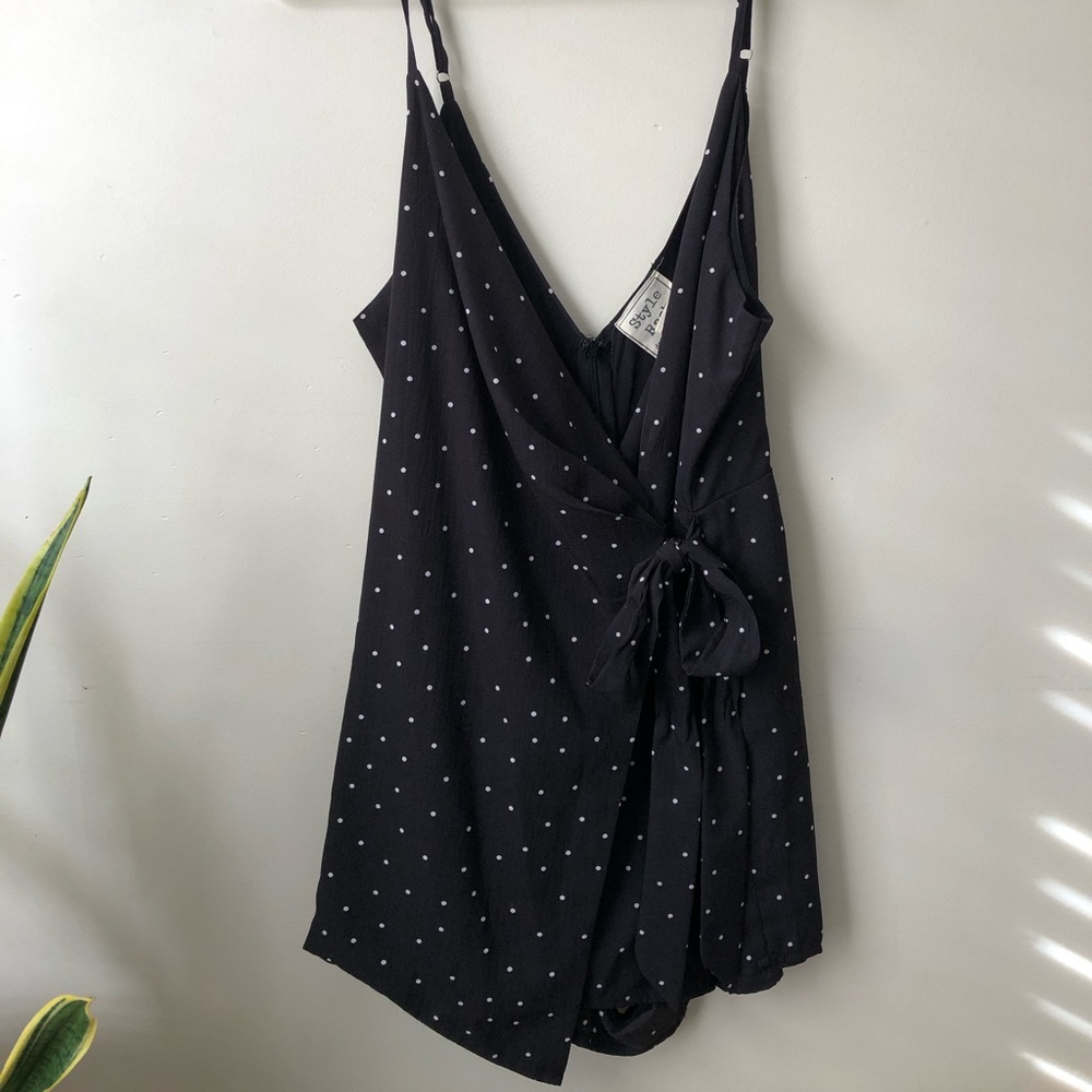Black Polka Dotted Tie-Wrap Romper